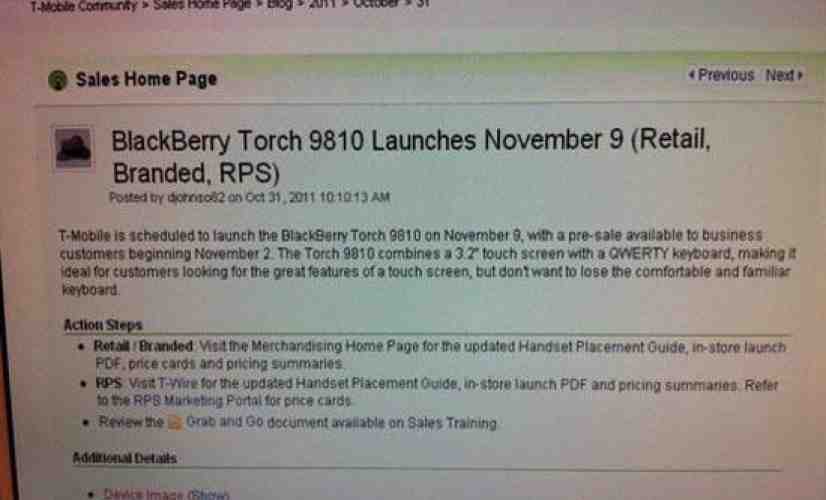 T-Mobile BlackBerry Torch 9810 tipped to arrive on November 9th