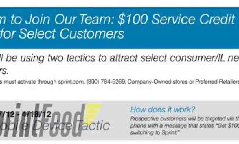 Sprint leak details upcoming $100 credit offer to entice select prospective customers to switch