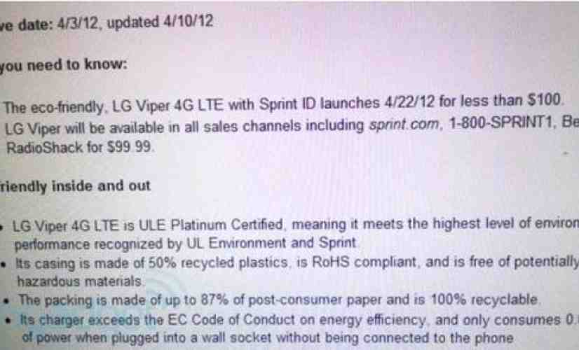 LG Viper 4G LTE launch tipped for April 22nd, Galaxy Nexus and Viper Sprint store tags start arriving