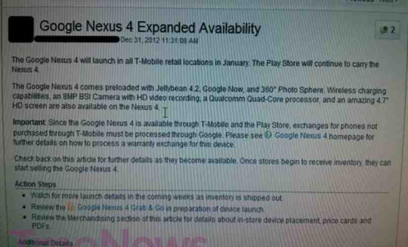 Google Nexus 4 said to be hitting all T-Mobile stores in January